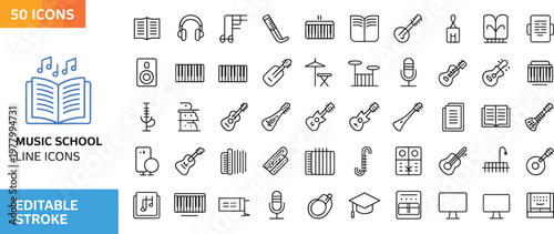 Music school line icons set featuring instruments, guitar, piano, microphone, headphones, and education symbols for audio learning and creative studio design