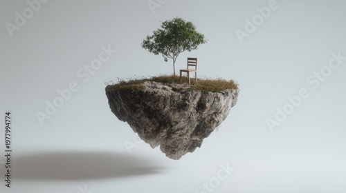 Floating island with a tree and chair, symbolizing peace, serenity, and contemplation