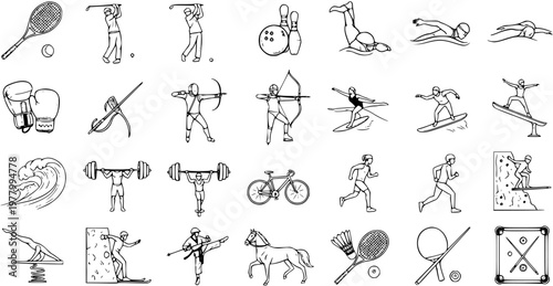 Sports  Fitness Hand-Drawn Black and White Line Art Icons Set - Athletic Activities  Equipment Doodles for Recreation  Health
