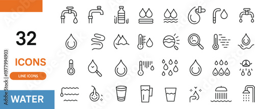 Water line icons set featuring droplets, taps, temperature, waves, rain, hydration, sanitation symbols, minimal editable stroke vector collection