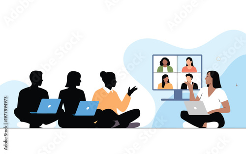 A group of diverse people using laptops on the floor for a virtual meeting with remote participants