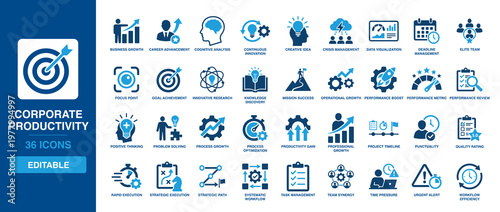 Corporate productivity crisis management data visualization goal achievement icon solid vector glyph process optimization team synergy