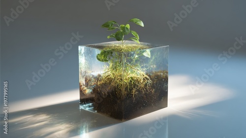 A green plant is growing inside a clear cube