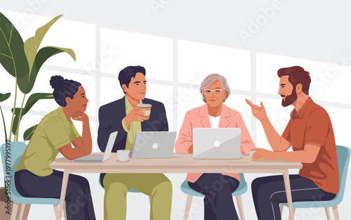 A group of four multiethnic colleagues shares thoughts and ideas during an engaging business meeting session