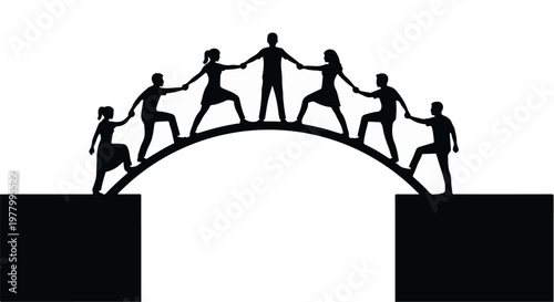 Diverse group of people forming a bridge to connect two sides, symbolizing unity and teamwork.