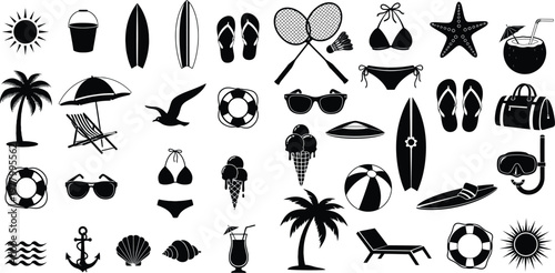 Black Silhouette Summer Vacation Icon Set