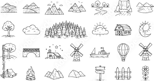 Hand-drawn Nature and Outdoors Line Art Icons. Doodle Style Landscape, Travel, Rural Life, and Camping Elements Vector Set.