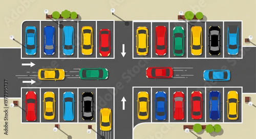 Aerial view of a busy parking lot with many cars.