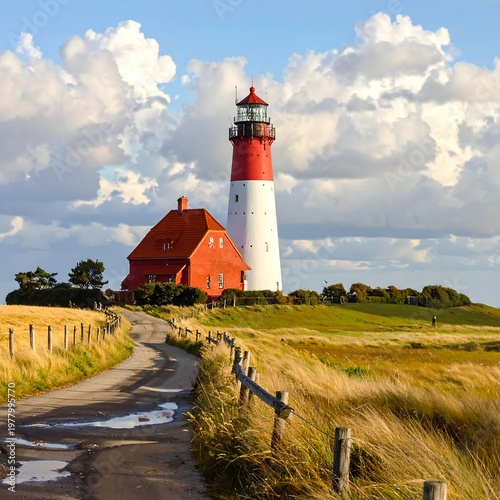 A serene coastal landscape featuring a historic lighthouse and adjacent red building