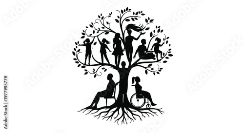 Diverse family tree silhouette showing generations and inclusivity with people of all abilities