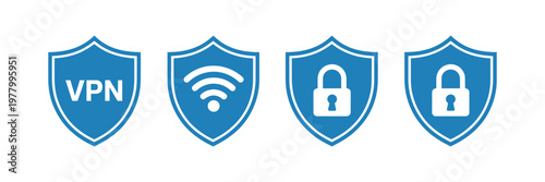 Cyber security shield icon set, VPN, Wi-Fi, and lock symbols representing data protection, privacy, encryption, and secure internet connection concepts, vector illustration.