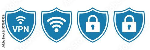 Cyber security shield icon set, VPN, Wi-Fi, and lock symbols representing data protection, privacy, encryption, and secure internet connection concepts, vector illustration.
