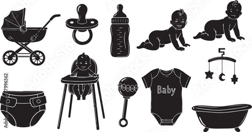 Baby Essentials and Nursery Items Silhouette Illustration Set