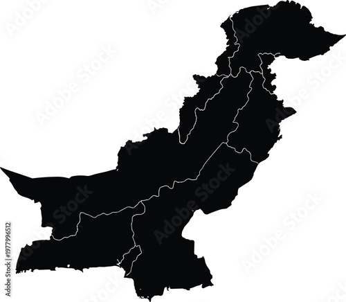 Detailed black and white flat vector illustration of Pakistan map with administrative borders and provincial divisions on white background.