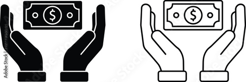 Detailed black and white flat vector illustration of hands holding a dollar banknote symbol representing money protection, charity, and investment.
