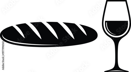Minimalist black and white flat vector illustration of a French baguette loaf and a glass of wine for culinary design.