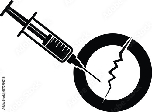 Minimalist black and white flat vector illustration of a medical syringe injecting into a cracked circular symbol representing broken health.