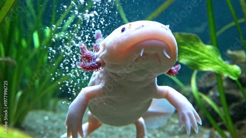 Axolotl floating underwater in a crystal-clear environment