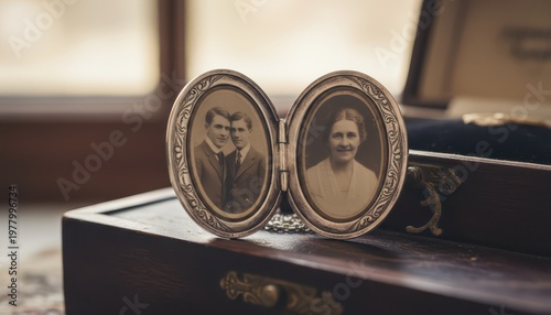 Open antique locket revealing sepia vintage portraits of a woman and two men, resting on a wooden keepsake box.