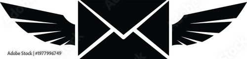 Minimalist black and white flat vector illustration of an envelope with wings representing air mail, fast delivery, and correspondence.