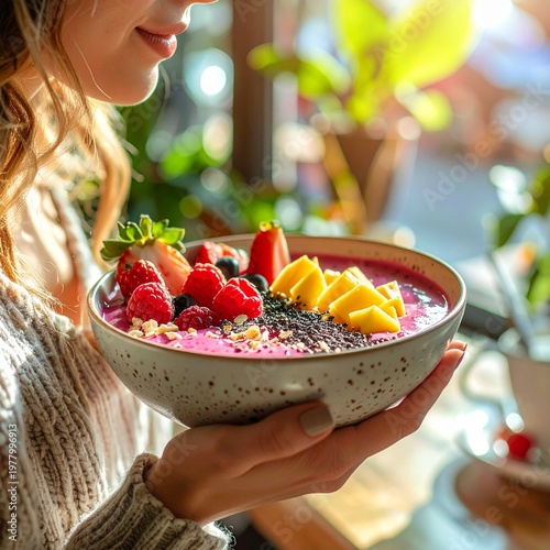 Woman enjoying a vibrant and healthy smoothie bowl with fresh fruits and seeds.