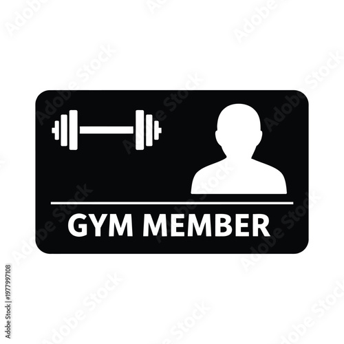 Black rectangular icon for gym member card featuring a barbell and a person silhouette