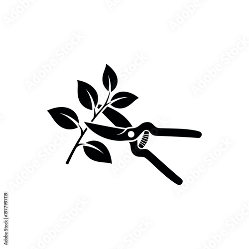 Pruning Shears Cutting Plant Branch with Leaves Icon.