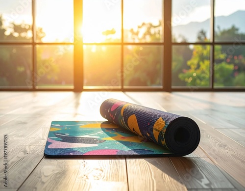 Yoga Mat Unrolled on Wooden Floor in a Bright Room with Sunset Views.