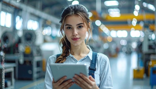 Young female engineer with tablet in factory, focused on industrial operations and modern manufacturing processes.