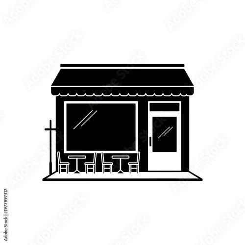 Simple Black and White Icon of a Cafe storefront with tables and chairs.