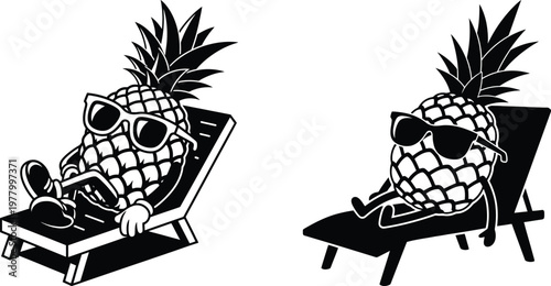 Cool Summer Pineapple Characters Relaxing on Beach Chairs