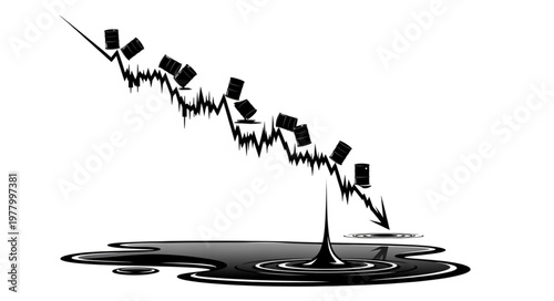 Oil price crash graph falling into black liquid puddle.