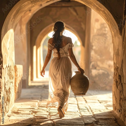 Woman in flowing dress walking through ancient arches with a clay pot, bathed in warm sunlight.
