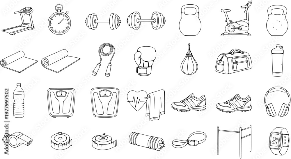 Fototapeta premium Fitness and Gym Equipment Black White Line Art Outline Icon Set. Vector collection of workout accessories, sports tools, and health objects for exercise and healthy lifestyle.