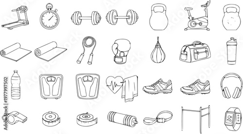 Fitness and Gym Equipment Black  White Line Art Outline Icon Set. Vector collection of workout accessories, sports tools, and health objects for exercise and healthy lifestyle.