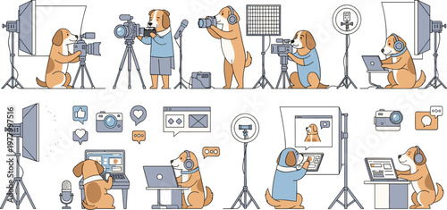 Professional dog characters working in video production and photography studio using cameras lights and laptops for digital content creation and social media marketing vector illustration.