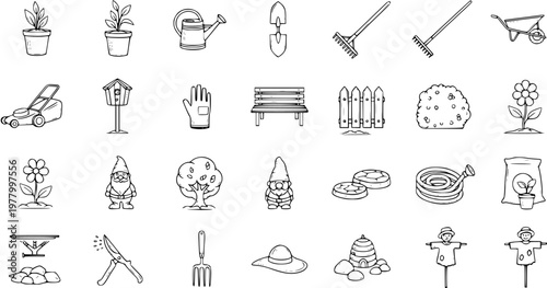 Gardening Tools Vector Set: Line Art Icons for Garden Care, Lawn, Plants, and Outdoor Decor