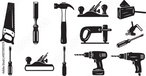 Collection of various black hand tools and equipment icons