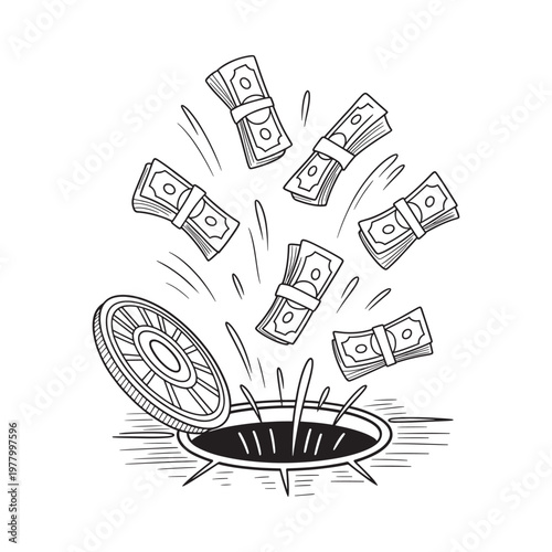 Money falling into a drain a sketch depicting financial loss