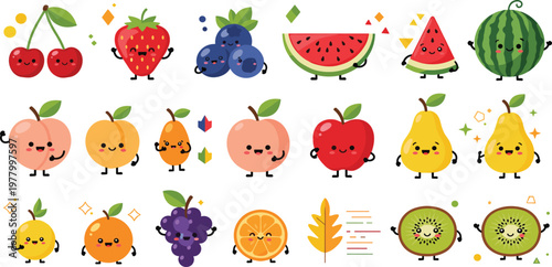 Large collection of cute kawaii fruit characters including strawberry watermelon apple pear and orange with funny faces for kids stickers and healthy food education vector illustration.