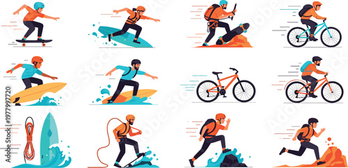 Mega bundle of extreme sports icons featuring surfing skateboarding mountain biking rock climbing and trail running characters for outdoor adventure competition and active lifestyle design vector.