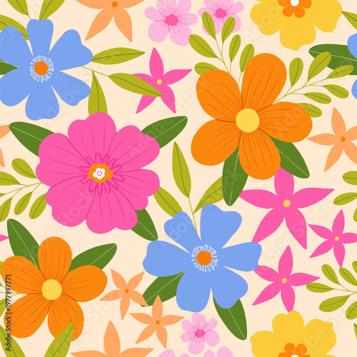 Colorful hand-drawn floral seamless background featuring large blooming flowers and stylized foliage for stationery, fabric printing, and creative branding projects for spring and summer.