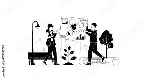 Professional architects collaborate in a serene park setting while reviewing a large detailed blueprint near a wooden bench and a young growing plant.