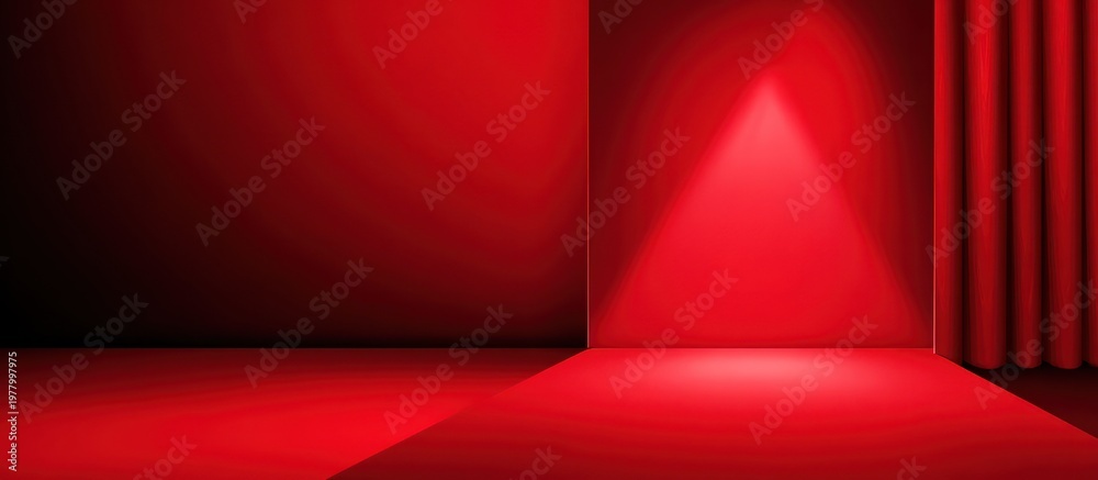 Obraz premium Matte and glossy red planes intersecting under soft video game character at a dramatic red stage