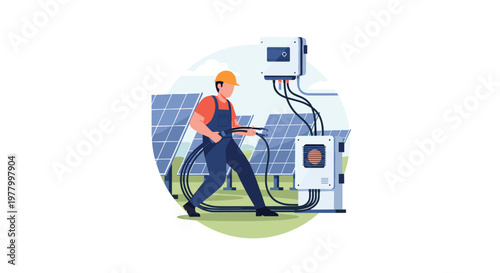 A dedicated solar energy technician wearing a protective orange hard hat carefully connects heavy electrical cables to a power inverter in a sunny outdoor field.