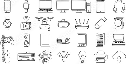 Gadgets Line Art Vector: Smart Devices, Electronics, Technology Icons for Web Design  Infographics
