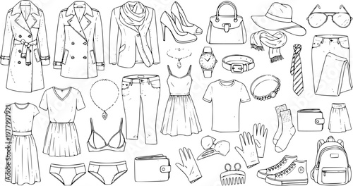 Fashion Apparel and Accessories Collection in Black and White Outline Sketch Style - Hand Drawn Wardrobe Essentials Vector Set for Clothing, Style, and Lifestyle Design
