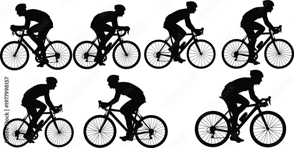 Obraz premium Comprehensive black and white flat vector illustration set of professional road cyclists in various dynamic racing and riding positions.