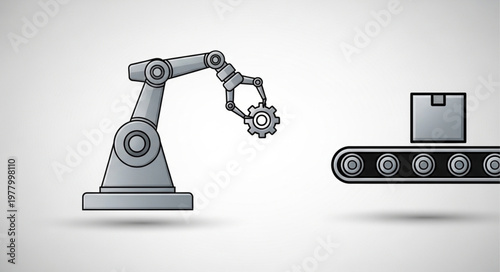 Robotic arm with gear on conveyor belt with box.