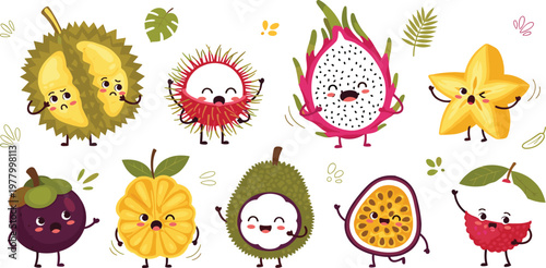 Tropical Fruit Character Set Featuring Durian, Dragonfruit, Mangosteen, Passionfruit, and More for Fun and Exotic Designs